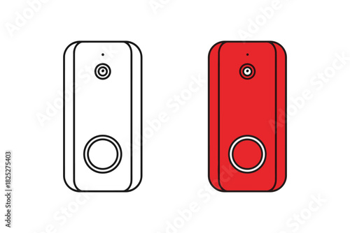 Vector illustration of two modern smart doorbell devices, one outlined in black and one solid red, featuring a camera lens and button, isolated on