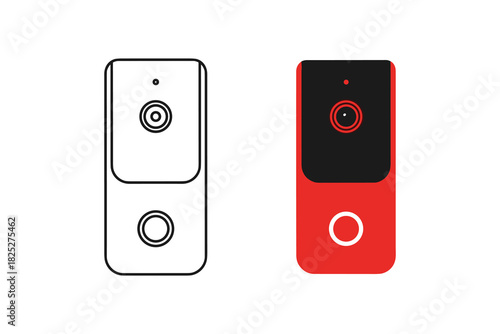 Vector illustration set of a modern smart video doorbell, showing both outline and flat color design versions isolated on