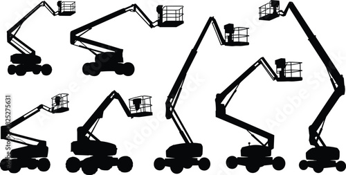 Boom lift silhouette illustration set, cherry picker and aerial work platform vector collection, construction equipment clipart, isolated black design