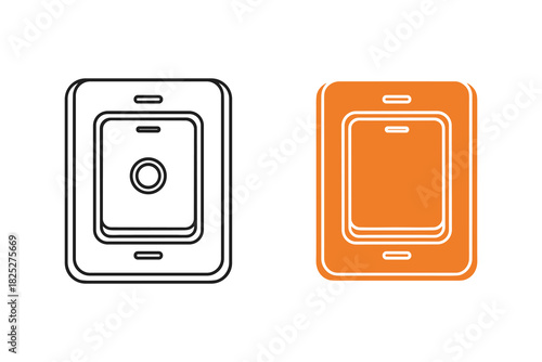 Two icons representing a modern light switch or electrical control panel, one in black outline and one filled with orange color, isolated on