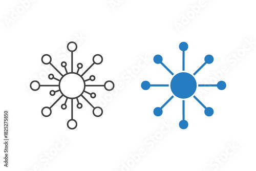 Set of two abstract network connection icons, one outline and one solid blue, representing decentralized system, hub, or complex structure, isolated on