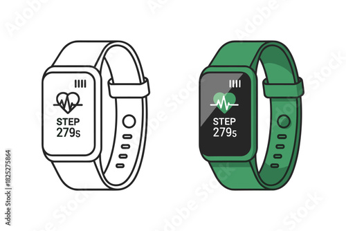Two fitness tracker smart watch devices shown side by side, one in outline style and one in solid green color, displaying heart rate and step count data on screen isolated on