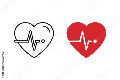 Set of two heart icons with electrocardiogram or heartbeat line representing cardiology, health, and medical concept, isolated on
