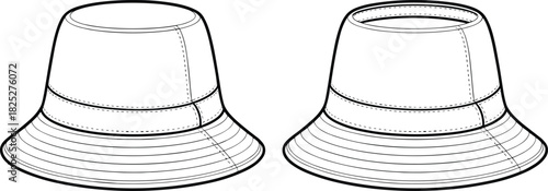 Bucket hat technical vector set, fashion design illustration with stitching details, seam lines, construction contours, garment blueprint, apparel CAD drawing