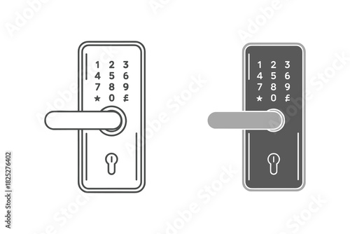 Two styles of modern electronic door lock with keypad and handle, one line art and one filled, isolated on