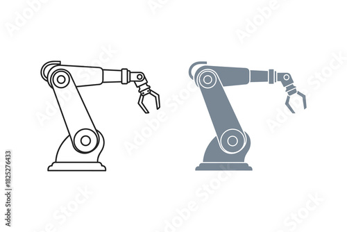 Set of two industrial robotic arm icons, one outline and one solid silhouette, representing automation and manufacturing technology isolated on