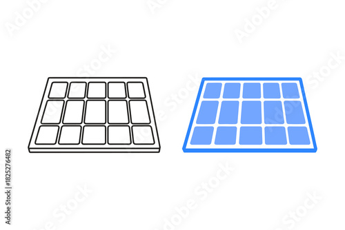 Set of two solar panel icons, one outline and one filled with blue color, representing renewable energy technology, isolated on