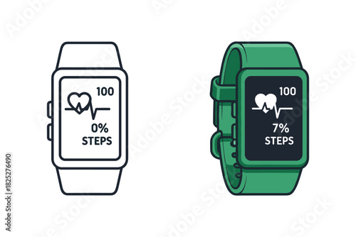 Two fitness tracker smart watch icons showing heart rate and step count progress, one outline and one colored green, isolated on