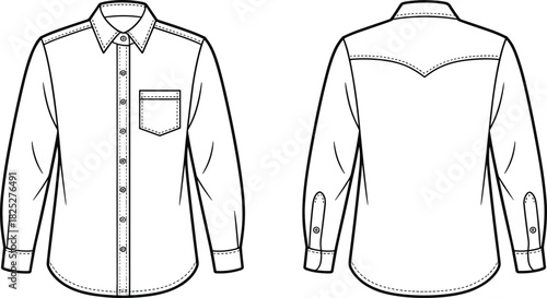 Button-up shirt technical illustration set, front and back views with stitching and pocket details, fashion garment design, black-and-white vector