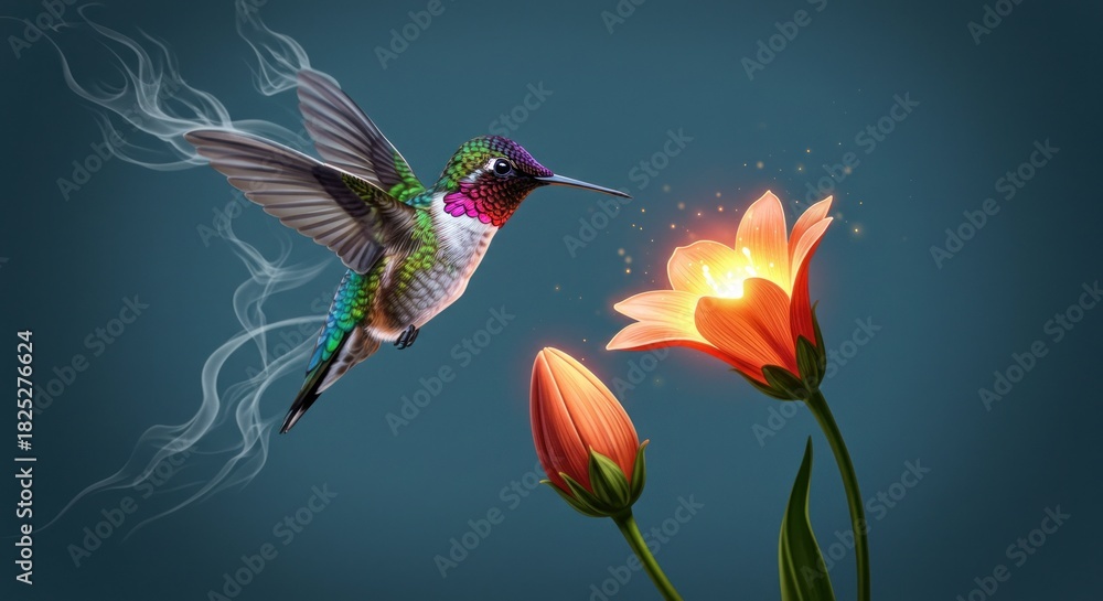 Fototapeta premium Hummingbird and tulip flower illustration