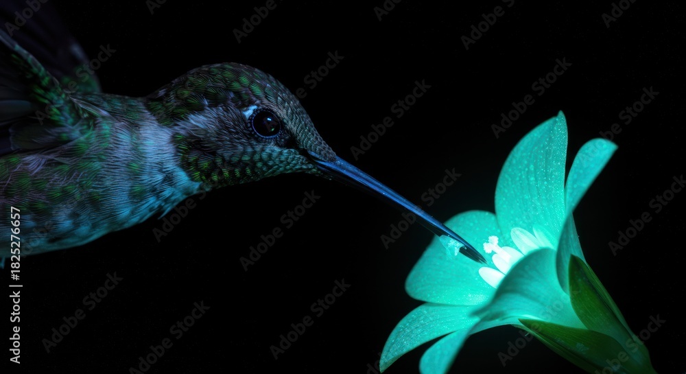 Fototapeta premium Hummingbird feeding on a glowing flower