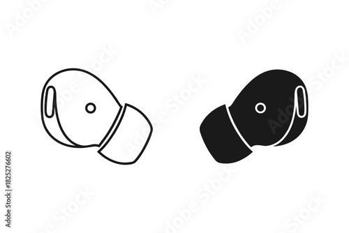 Set of two wireless earbud icons, one outline and one solid silhouette, representing modern audio technology for music and communication, isolated on