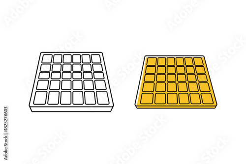 Two square waffle icons, one outline and one filled yellow, representing a sweet breakfast food item, isolated on