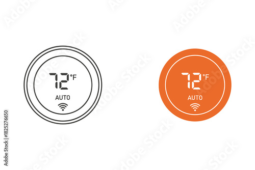 Set of two circular thermostat icons showing a temperature of 72 degrees fahrenheit in auto mode, one outline style and one solid orange style, isolated on
