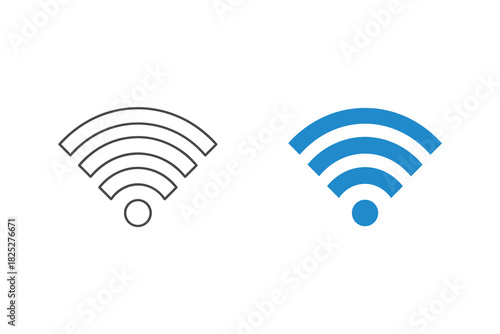 Set of two wifi signal icons, one outlined in black and one filled in solid blue, representing wireless network connectivity, isolated on