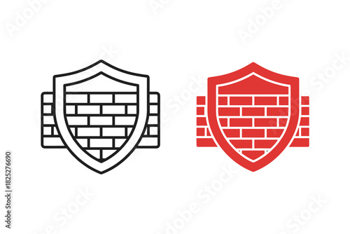 Firewall icon set with shield and brick wall in outline and solid red style, representing network security and protection, isolated on