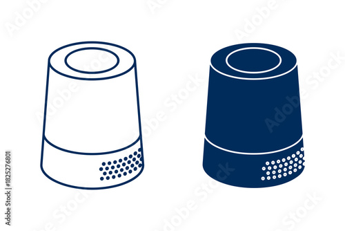 Two isometric icons of a smart speaker or portable wireless audio device, one in outline style and one filled in dark blue, isolated on