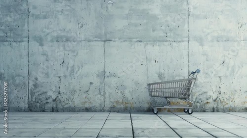 Abandoned shopping cart in empty room with concrete walls and wooden floor