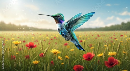 Fototapeta Naklejka Na Ścianę i Meble -  Hummingbird flying over wildflower meadow