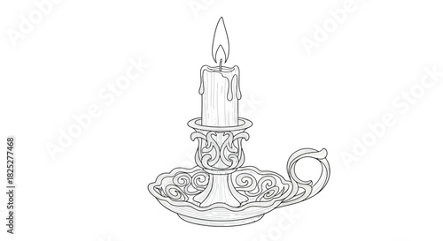 Elegant line art illustration of a vintage candle holder with a flame