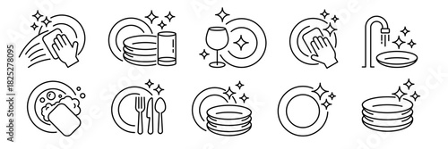 Clean dishes icon set. Shiny plate stack, cleaning wipes sponge soap bubbles and foam plate or glass , wash kitchen utensil, pile tableware, symbol, black, line, flat vector, isolated illustration.