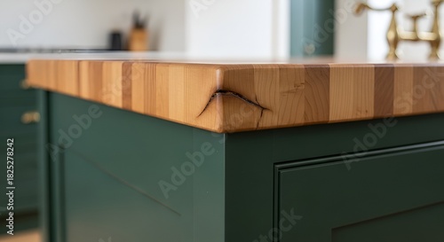 Close-up of a butcher block countertop on a deep green kitchen island cabinet with golden fixtures.
