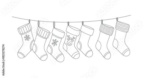 Classic christmas stocking line art with festive elements