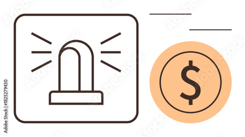 Flashing alarm icon next to a dollar sign, representing financial risk, crisis management, and urgency. Ideal for finance, security, alerts, investment, banking crime analysis simple flat metaphor