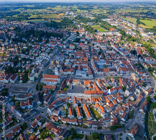 Aerial view of the old town and city Pfaffenhofen an der Ilm, in Germany, Bavaria on a sunny noon spring day