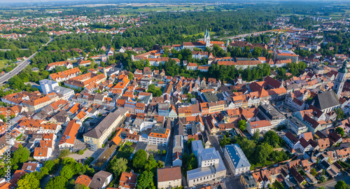 Aerial view of the old town and city Freising in Germany, Bavaria on a sunny noon spring day