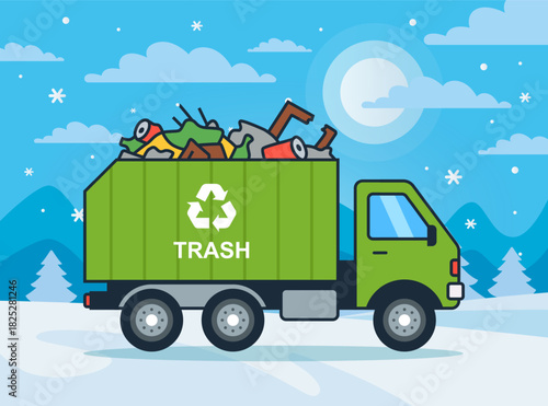 Green garbage truck for transporting trash. Flat illustration.