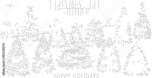 Happy Holidays Winter Forest Scene with Pine Trees.