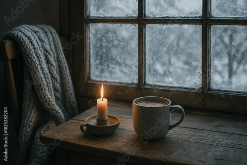 Cozy Winter Still Life: Warmth and Comfort on a Snowy Day