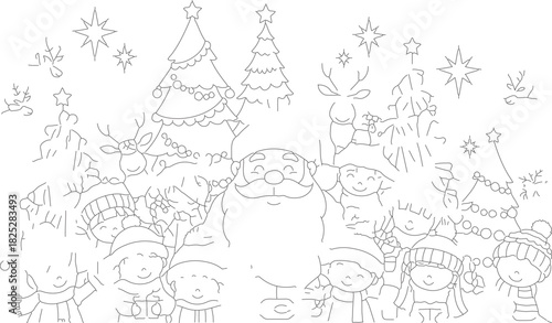 Cute Christmas Characters and Santa Claus Gathering Together.