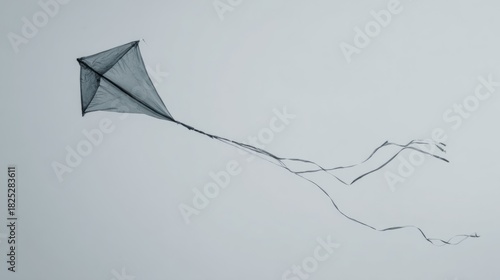 perigee. Broken kite string, kite drifting away in gray overcast sky, minimalist composition. wellbeing guides, coaching materials, designed for mental health education and mindfulness programs.
