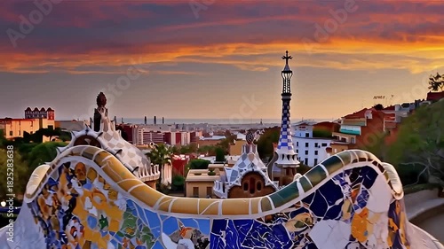 Iconic Spanish architectural masterpiece featuring intricate mosaic designs and a panoramic city view at twilight under a vibrant sky