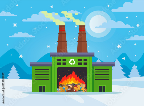 waste incineration plant and emission of harmful substances into the atmosphere. flat vector illustration