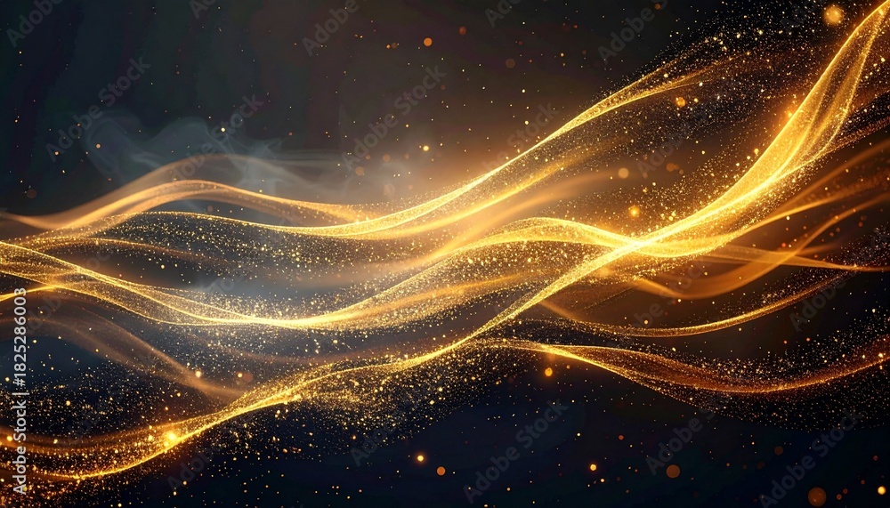 Fototapeta premium Abstract Golden Waves and Particles Flowing Elegantly Against a Dark Background