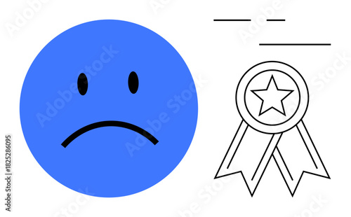 Blue sad face with a frown next to a black outline of an award ribbon with a star. Ideal for failure, disappointment, rejection, struggle, unfulfilled goals, motivation, self-improvement. Simple flat