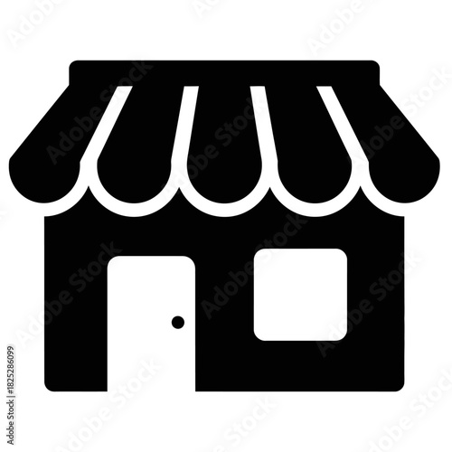 Black Glyph Storefront and Market Icons with Awning, Representing Retail Shop Location, E-commerce Business, Shopping, and Marketplace Concepts for Web and Mobile UI