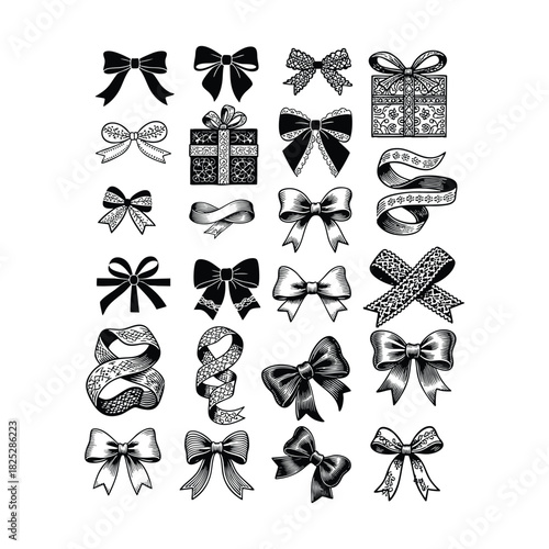 Vintage engraving illustration set of assorted decorative bows, ribbons, and gift wraps in various styles and textures