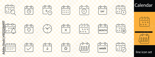 Calendar icon set. featuring date, schedule, month, week, reminder, appointment, agenda, event, and task management icons. Perfect for planners, scheduling apps, and digital.