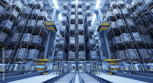 Automated warehouse vertical storage system with yellow robotic shuttles moving between steel racking levels