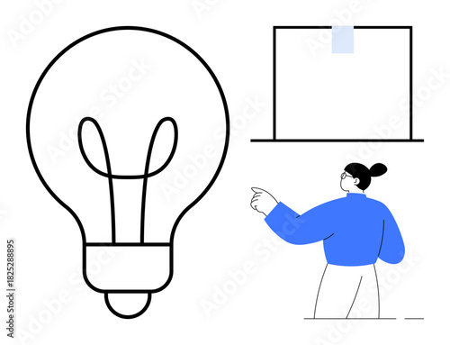 Lightbulb symbolizing innovation, woman pointing at whiteboard in presentation. Ideal for creativity, brainstorming, problem-solving, learning, analysis, communication teamwork. Simple flat metaphor