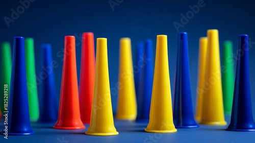 noisemakers. Colorful party horns arranged neatly on a soft blue background for festive occasions. lifestyle magazines.
