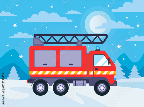 Fire department car responding to a call in winter. Flat vector illustration.