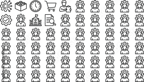 Technology business process automation vector icon set, digital transformation strategy, engineering, management, gears, people, system development, modern technology, industry.