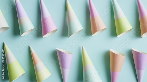 noisemakers. Colorful party horns arranged neatly on a soft blue background for festive occasions. lifestyle magazines.
