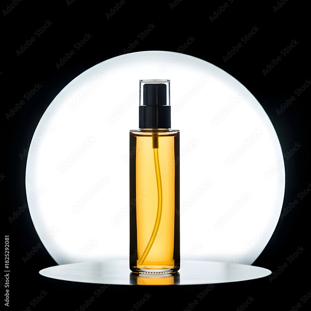 Naklejka premium Luxurious Liquid Gold Product in Clear Bottle Against White Orb Light