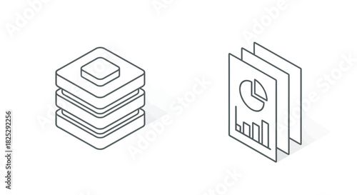 Vector illustration of isometric database server and business report isolated on
